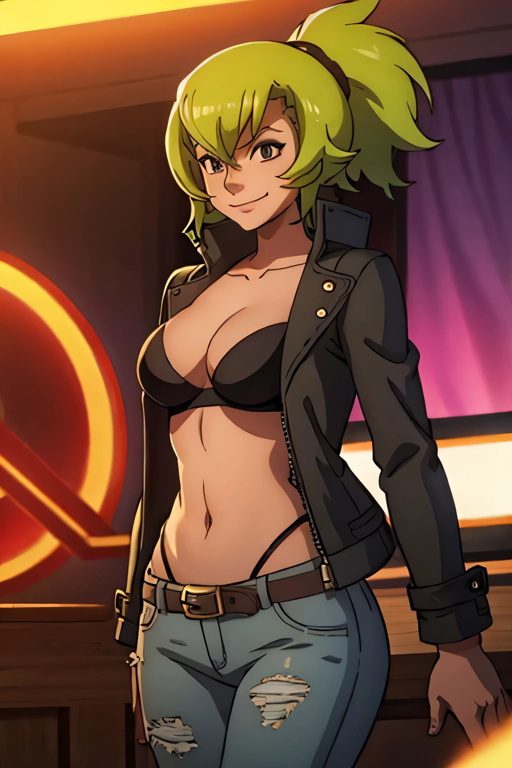 amalia, evil smile, méchant , bikini , visage malveillant., sourire sournois, open leather jacket, tight jeans, black bra, abds