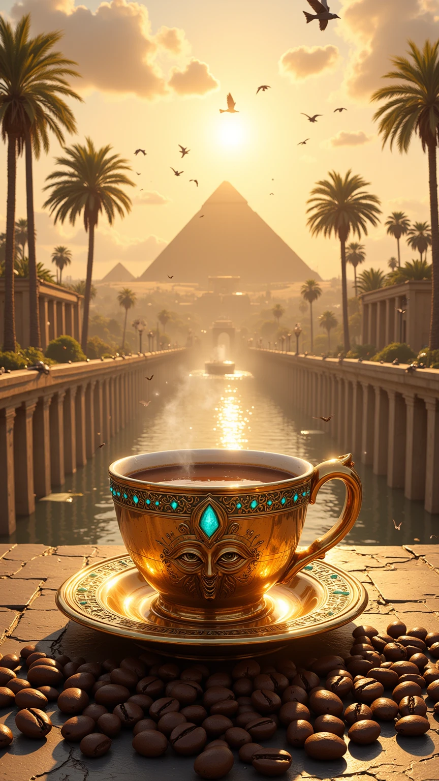 Realistic illustration for advertising , , 1 very short and low coffee cup made of polished gold ,  In the center of the coffee mug, the three-dimensional Eye of Horus motif is engraved ,  The area around the eye of Horus pattern is a hieroglyphic pattern ,  The top rim of the glass is adorned with luminous turquoise diamonds arranged in an orderly horizontal way. , . Inside the coffee mug there is a glossy black hot Americano coffee cup. ,  There is coffee smoke billowing out of the coffee mug elegantly but still looking natural. ,  The view of the image clearly shows the hot Americano coffee water inside the coffee cup , The coffee cup holder ear is on the right hand , A coffee mug is placed on a coffee coaster made of polished gold , The coffee saucer engraved with the heroic motif ,  The area around the coffee cup contains the same size of complete coffee beans placed together naturally inside the coffee saucer. , . The area around the coffee saucer contains complete coffee beans of the same size in large numbers, placed together naturally on the street floor.,  Coffee cups and coffee coasters are located on the ancient Egyptian stone road in the lower center position of the image , THE ANCIENT EGYPTIAN STONE ROAD IS A VERY HIGH-RISE BRIDGE CONNECTED FROM THE CENTRAL POSITION OF THE BACKDROP.,  The background is the great Pyramid of Giza, mixed with A variety of Roman columns and a harmoniously ornate Babylonian floating garden, On the left and right are large palm trees lined up to the background of the image , , the details of the architecture behind can be seen in detail and clearly through the perspective seen from the front. ,  in the sunset sky. A large and glorious morning that is shining brightly over every corner of the image , . The atmosphere of the picture is covered with a warm and soft morning golden light. ,  In the sky there are bright morning clouds , In the sky there are many flying birds 