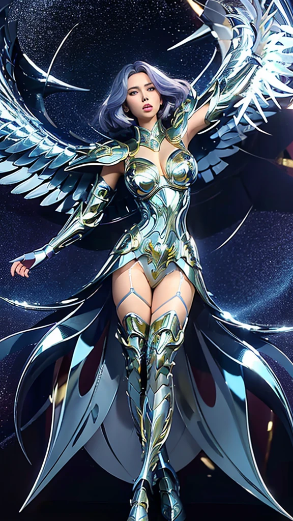 Full: 1.3, stand, masterpiece, 3D, realistic, ultra micro photography, top quality, ultra detailed CG Unity 8K wallpaper, from below, intricate details, (1 woman), 28 years old, (sailor neptune:1.4,sailor senshi uniform:1.3,meishaonv),Long wavy dark green hair,Fluttering in the wind,(White leotard:1.4、Luxurious gold decoration,Luxurious golden tiara on forehead: 1.2, Bare upper arms: 1.2, Long white latex gloves with luxurious gold decoration: 1.2, Very thin and fitting high-gloss silver holographic leather: 1.3,Bold and sexy silver slender high-leg gravette swimsuit: 1.2, Gold brooch with huge metallic dark blue ribbon on chest: 1.3,Sexy pre-gate mini skirt: 1.1, pre-gate mini skirt,dark green gloves on elbows,),(large breasts:1.4、slender and muscular,muscular abs,very small face,sexy and dynamic model pose,tall and perfect proportions, sexy and long legs, Muscular thighs,big buttocks,), (very large bow on the buttocks: 1.3, choker, cleavage, sexily boldly large, gold ring-shaped earrings, high heels with shiny strings with luxurious gold decoration),
((seductive smile, very pretty face, face details: 1.5, bright blue eyes, beautiful face, beautiful eyes, shiny eyes, thin lips: 1.3, thin and sharp pale eyebrows, long dark eyelashes, double eyelashes)), (gorgeous huge white wings), visible pores, Perfect hands: 1.5, very dramatic images, octane rendering, strong natural light, sunlight, exquisite lighting and shadows, dynamic angles, ( Neptune, deep sea space background, sea divinity, dynamic wave background, splash, water bubbles, moonlight, moon, dynamic background, detailed background,), DSLR harp, focus: 1.0, maximum clarity and sharpness,