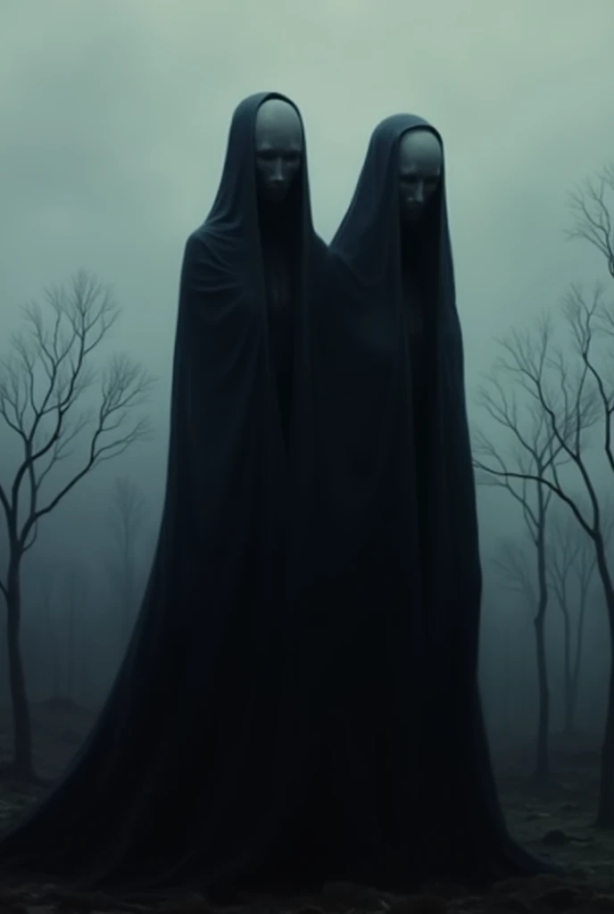 Two mysterious humanoid figures wearing long, dark cloaks with flowing fabric, standing in a foggy, barren landscape. Their heads are rounded and smooth, creating an alien or surreal appearance. The environment is ethereal, with a cold and eerie atmosphere dominated by muted shades of blue, gray, and black. Sparse, skeletal trees with bare branches fade into the misty background, enhancing the sense of desolation and mystery. The art style is highly detailed, inspired by dark surrealism with a focus on an unsettling and otherworldly mood.

