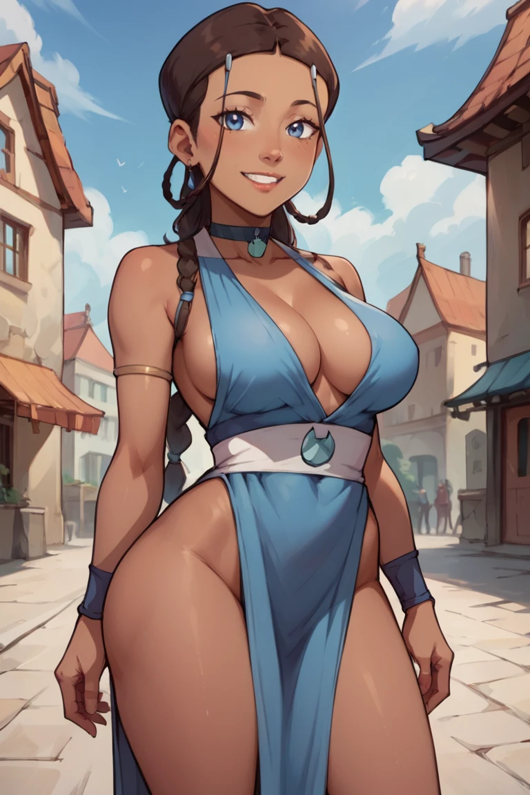 score_9, score_8_up, score_7_up, score_9, BREAK, katara, blue dress, smile, dark skinned female, brown hair, background, 2D, medium shot, large breasts, deep cleavage, revealing clothes, ba singsei, city background, prostitute, bangs, free hair,