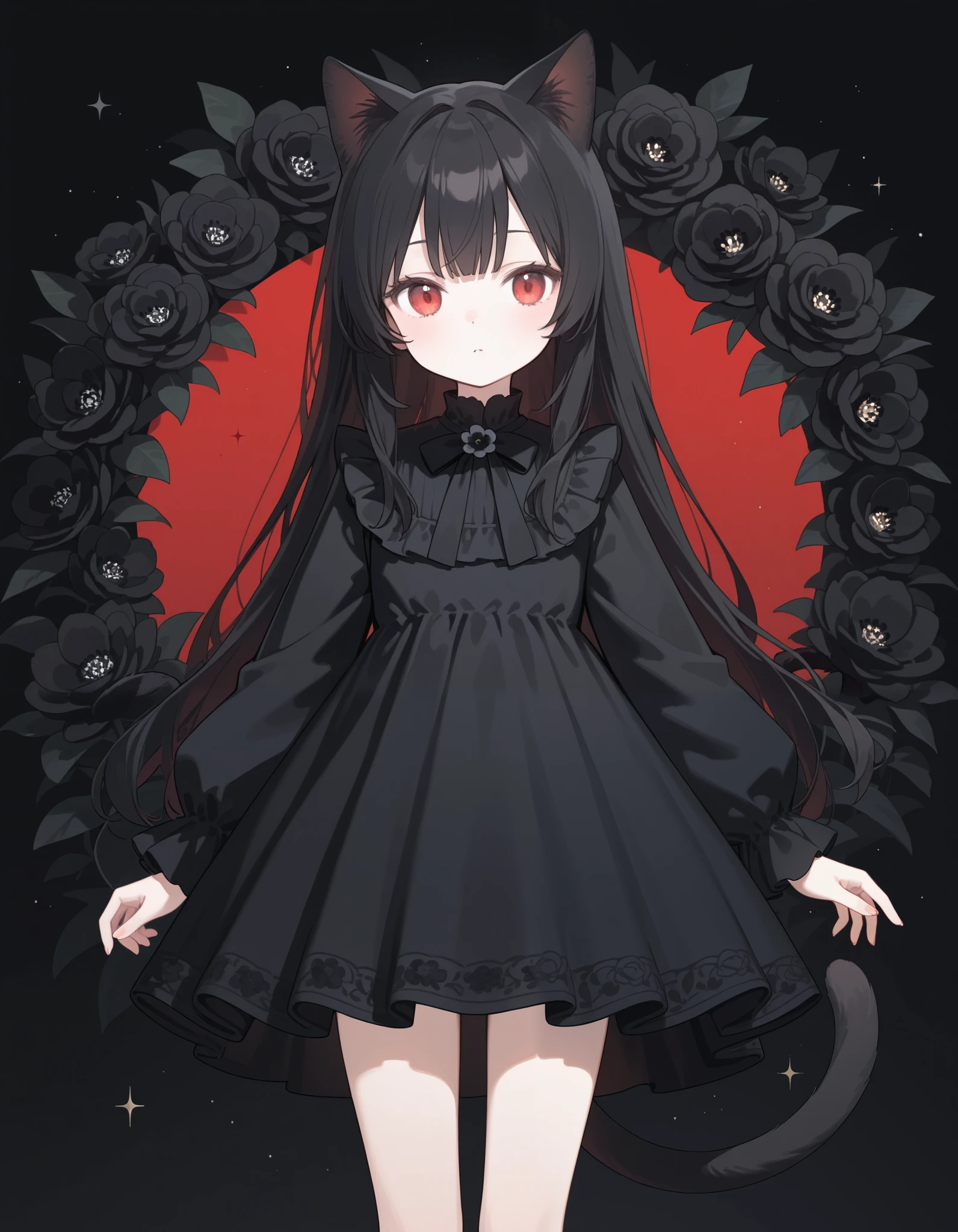 1girl, black hair, long hair, red eye, many black flower, Front View, cute, black dress, cat ear, tail