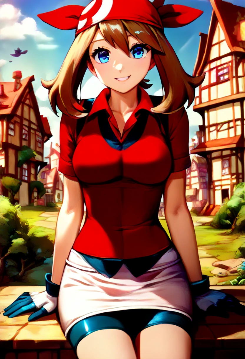 (Masterpiece, Ultra-high resolution, 8k, High Quality, Top quality, High-Detailed, Detailed CG, Cinematic Shadow:0.5, Beautiful Detailed Eyes, Ultra Resolution, Depth of Field, High Resolution, Masterpiece: 1.2), (Anime Art style), (cowboy shot), (town:1.6), 1girl, solo, pokemonmay, blue eyes, brown hair, bandana, long hair, red bandana, twintails, hair between eyes, bike shorts, collared shirt, gloves, microskirt, multicolored shirt, pencil skirt, red shirt, shirt, short sleeves, skirt, white skirt, beautiful breasts, smile, sitting, 