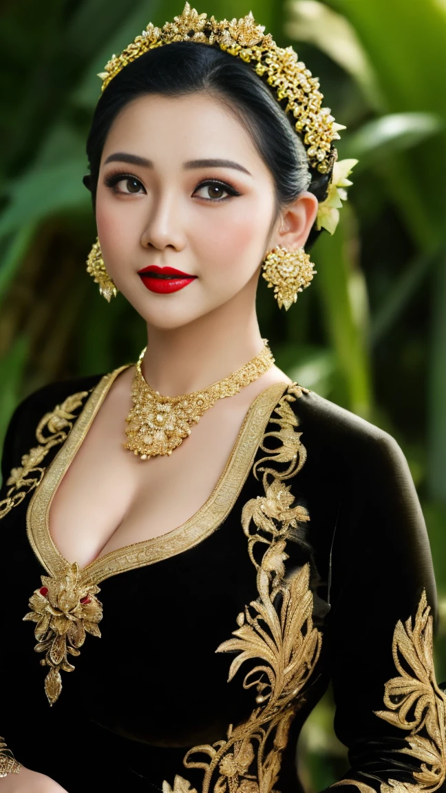 photography, woman,  portrait of java wedding woman in black long kebaya dress traditional, red lipstick, golden necklace, earrings, ornate, detail, flowers, soft focus , big breast, open top chest,shoulderless,2/3 body's, slightly side standing pose, wide view, in banana trees background,