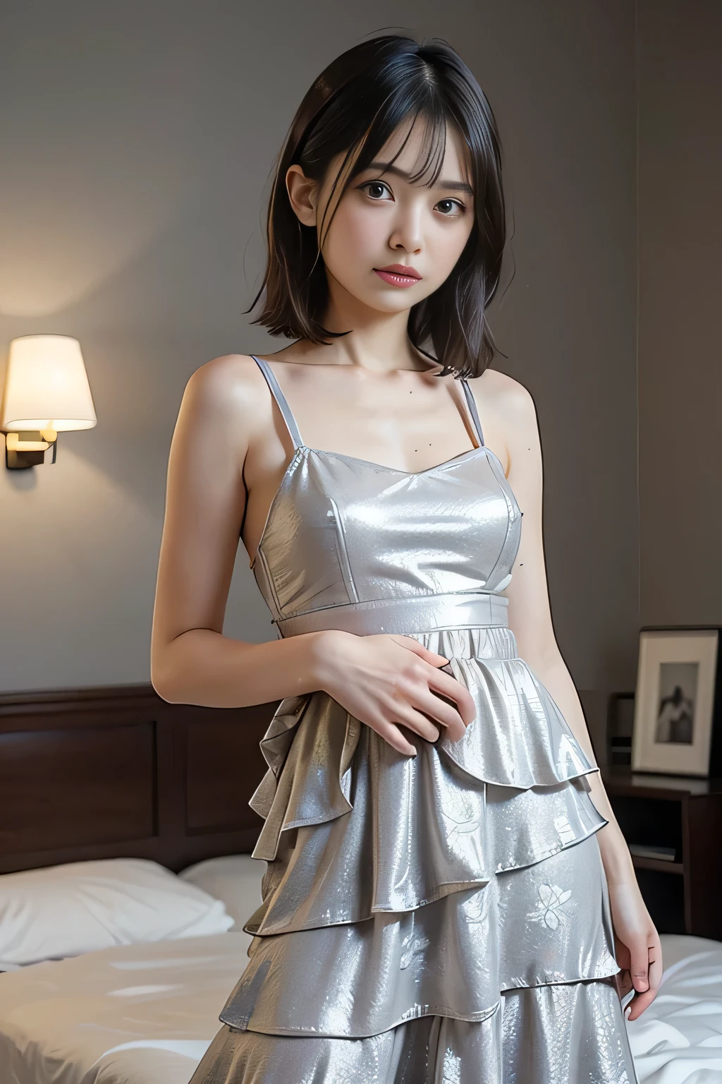 night bar, (naked and silver Neat silk dress, Thigh: 1.1), ((of the highest quality, 8K, masutepiece: 1.3, Raw photo)), Sharp Focus: 1.2, (1 AESPA Girl :1.1), (Solo: 1.18), (Realistic, Photorealistic: 1.37), (Face Focus: 1.1), Cute face, hyperdetailed face, Short messy hair, updo, (Small breasts, flat chest: 1.3), flower, from below,