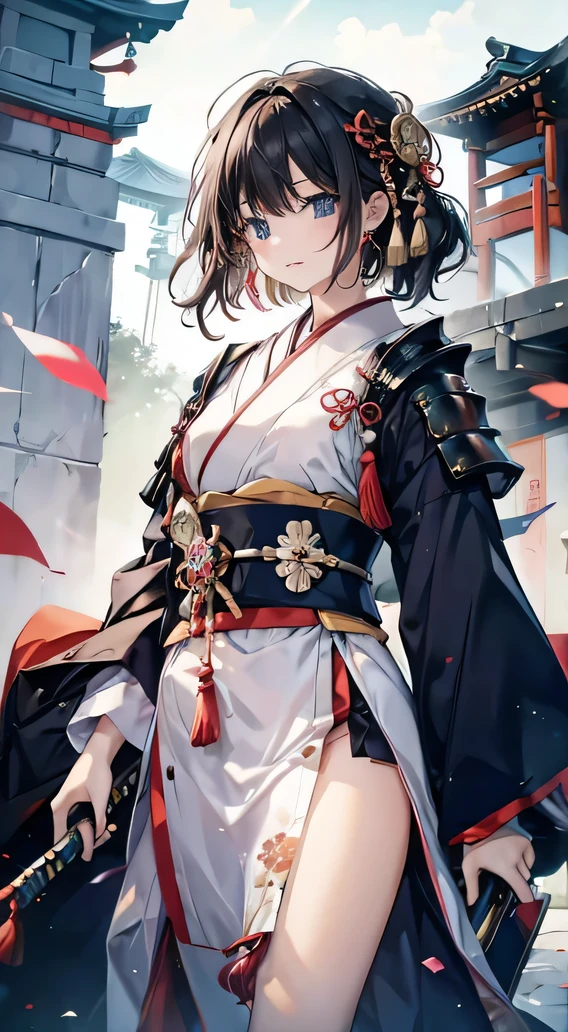 ((in shrine)), red-black costume, holding a sword, Onmyoji, nobushi, Flowing white robe, Ghost fire, Daoism, (put on Mask), absurdres, RAW photo, extremely delicate and beautiful, masterpiece, Best Quality, ultra high resolution, 32k, hyperrealistic, ultra-detailed, detailed description, pale skin, 20 years old, tearful mole, earring, Colossal tits, short medium hair, wavy hair, evil grin, full body shot,