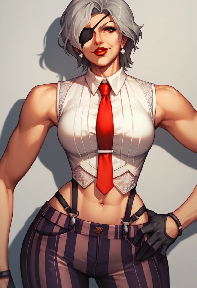 VanessaKOF, old woman, eye patch, gray hair, short hair, sleeveless shirt, red necktie, black gloves, striped pants, navel, red lips