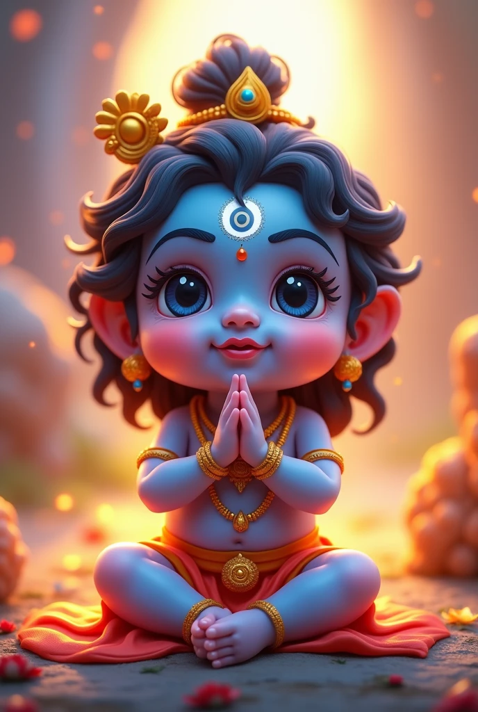 (photorealism:1.2), Design a 3D animated, ultra-cute version of Lord Shiv Ji that blends traditional elements with modern, viral appeal. Picture him with a youthful face, sparkling eyes, and a warm, playful smile. His iconic features like the crescent moon, trident, and snake are stylized in a fun, cartoonish way, making them pop with vibrant colors and details. The backdrop should be a blend of nature and mystical elements—imagine glowing lotus flowers floating on a serene river under a starry sky, with a modern twist like neon accents or subtle, glowing patterns. The overall vibe should be enchanting yet approachable, perfect for sharing and spreading positivity online."