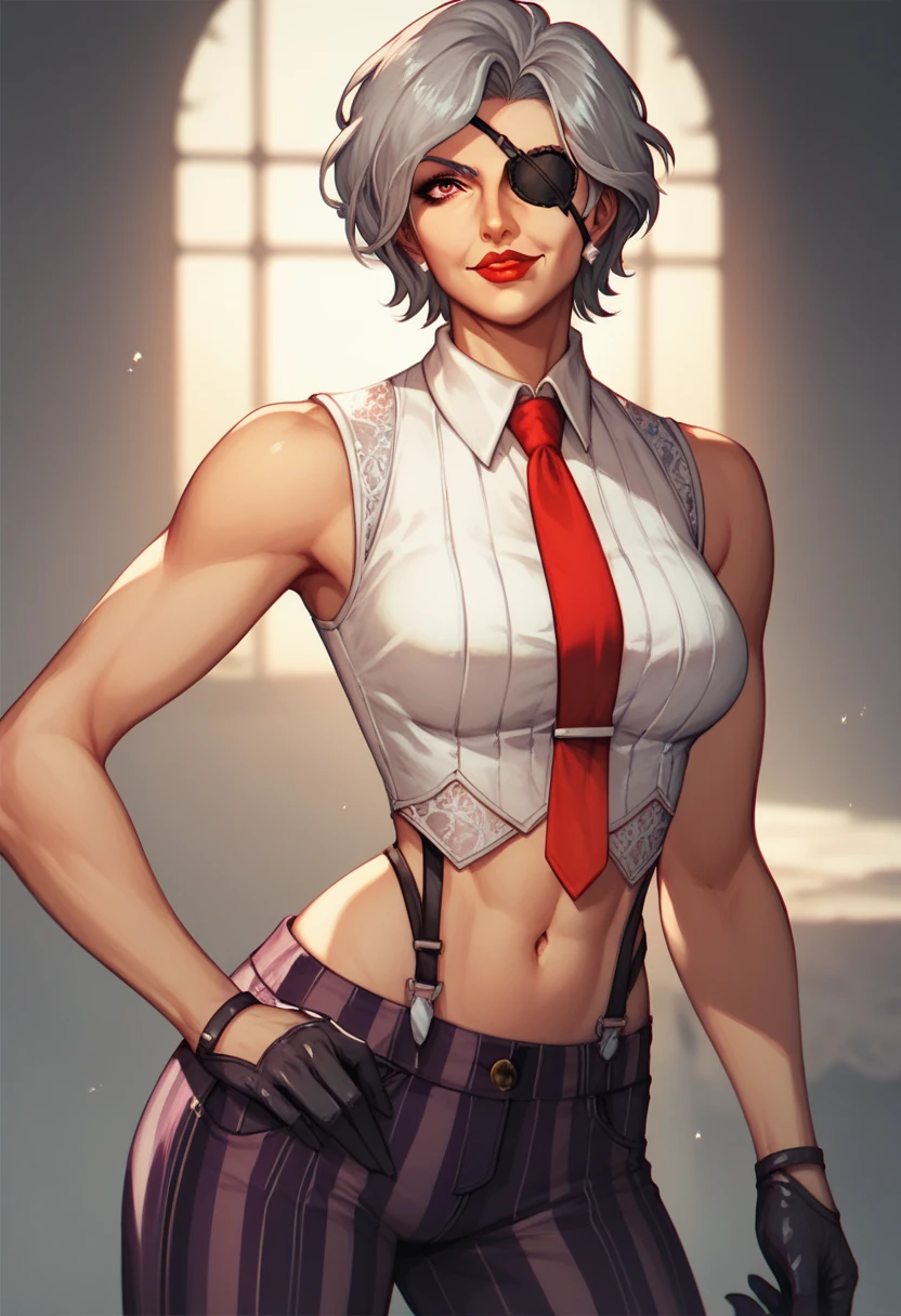 VanessaKOF, old woman, eye patch, gray hair, short hair, sleeveless shirt, red necktie, black gloves, striped pants, navel, red lips
