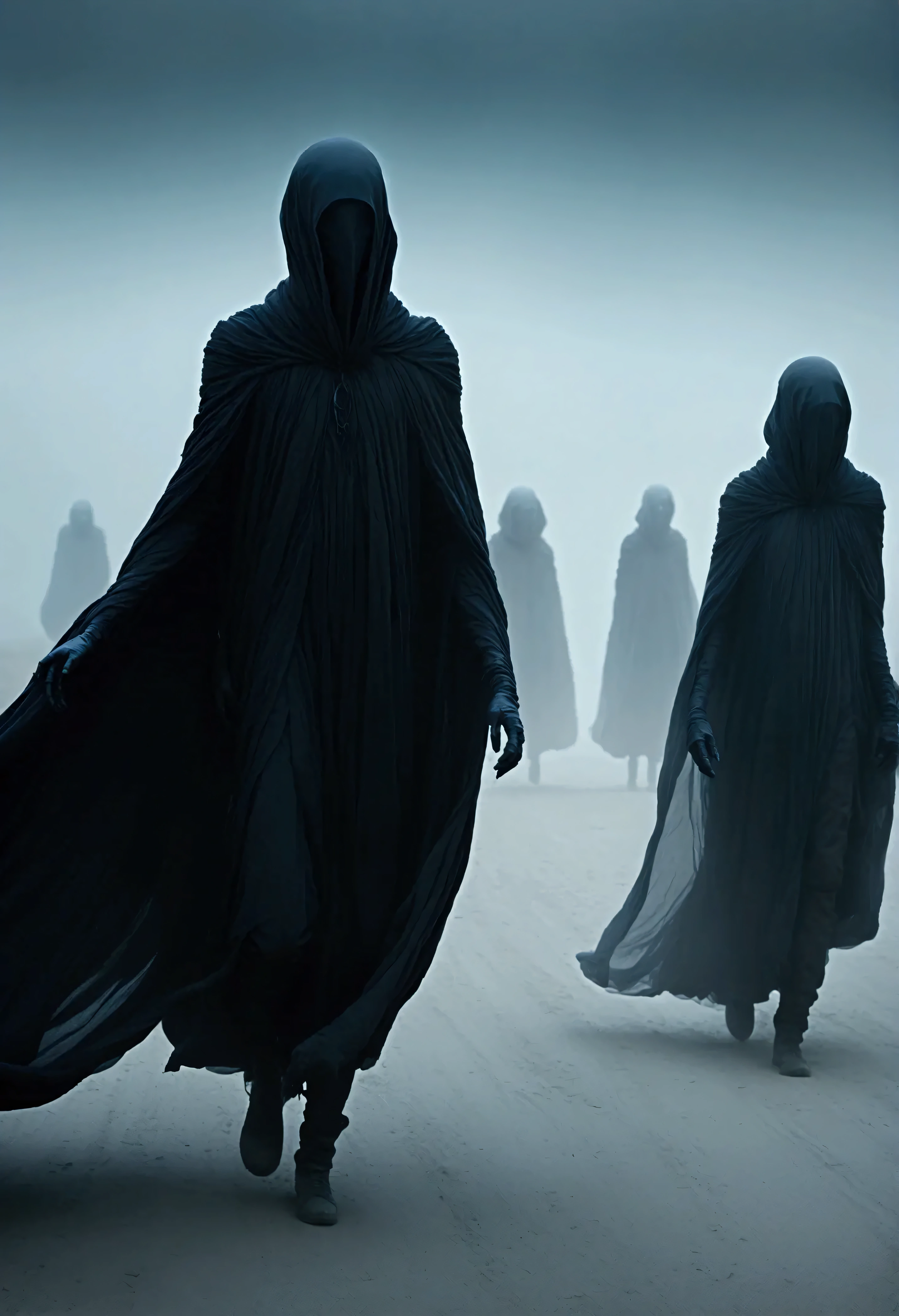 Two mysterious humanoid figures wearing long, dark cloaks with flowing fabric, standing in a foggy, barren landscape. Their heads are rounded and smooth, creating an alien or surreal appearance. The environment is ethereal, with a cold and eerie atmosphere dominated by muted shades of blue, gray, and black. Sparse, skeletal trees with bare branches fade into the misty background, enhancing the sense of desolation and mystery. The art style is highly detailed, inspired by dark surrealism with a focus on an unsettling and otherworldly mood.

Mythical creatures, author：zislaw Beksiński, Album cover, romantic, Surrealism, elder ,Smiling ,  Wizard, Abstracted, dark,  landscape