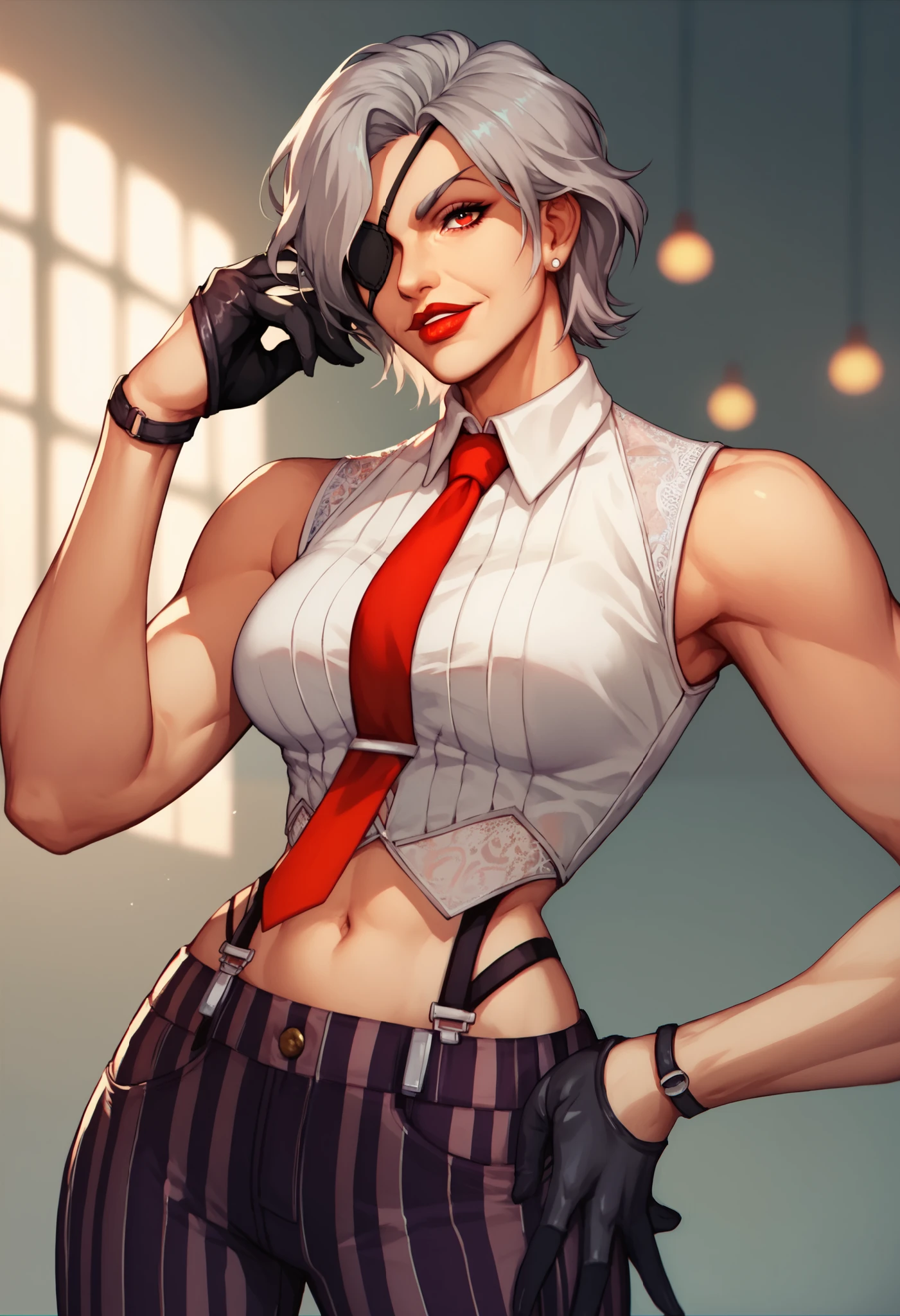 VanessaKOF, old woman, eye patch, gray hair, short hair, sleeveless shirt, red necktie, black gloves, striped pants, navel, red lips