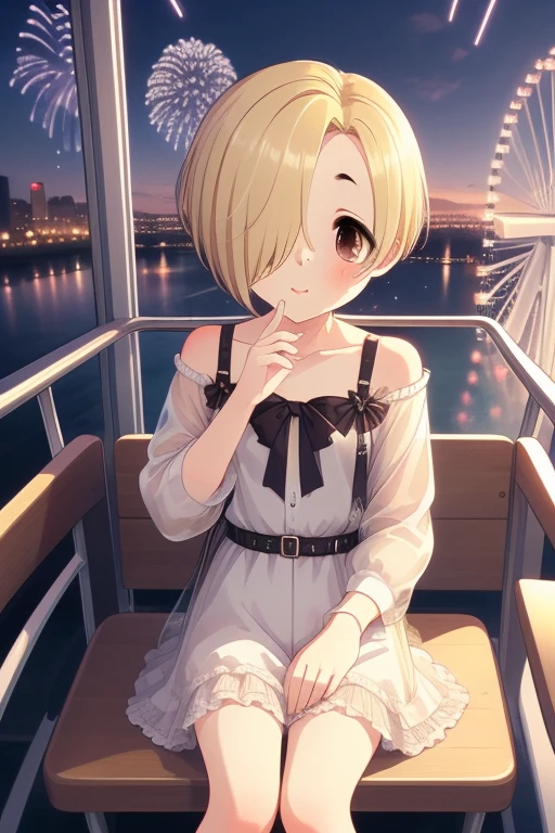   Masterpiece ,  best quality, girl, ultra detail,, eye closed ,Kiss, close, clevis,shy,  knight ,town,ferris wheel,While admiring the scenery,Low-rise glass house,amusement park, Sitting facing the audience,fireworks,Spoken Heart,, (((Shirasaka Koume,  blonde hair ,  hair covering one eye ,  shorthair,  Brown Eyes ,  flat chested))) , (  Perfect Hand,  perfect anatomy over a white blouse ),,  Five Fingers 