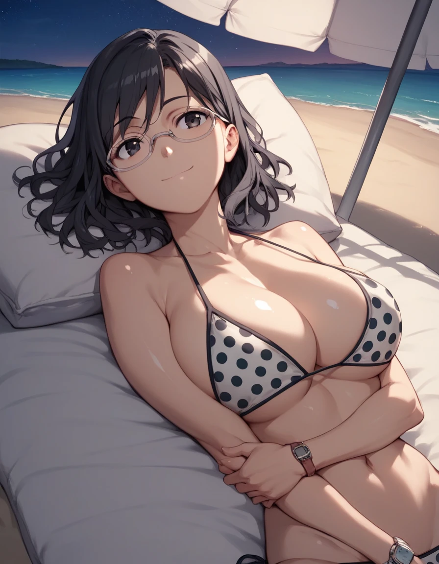girl in the beach, laying down below the sun, short black detailed hair, pink bra and pink underwear, big breast, sunbathing, wearing white glasses, pink lace choker, sleeping, asleep, eyes closed, mouth open,