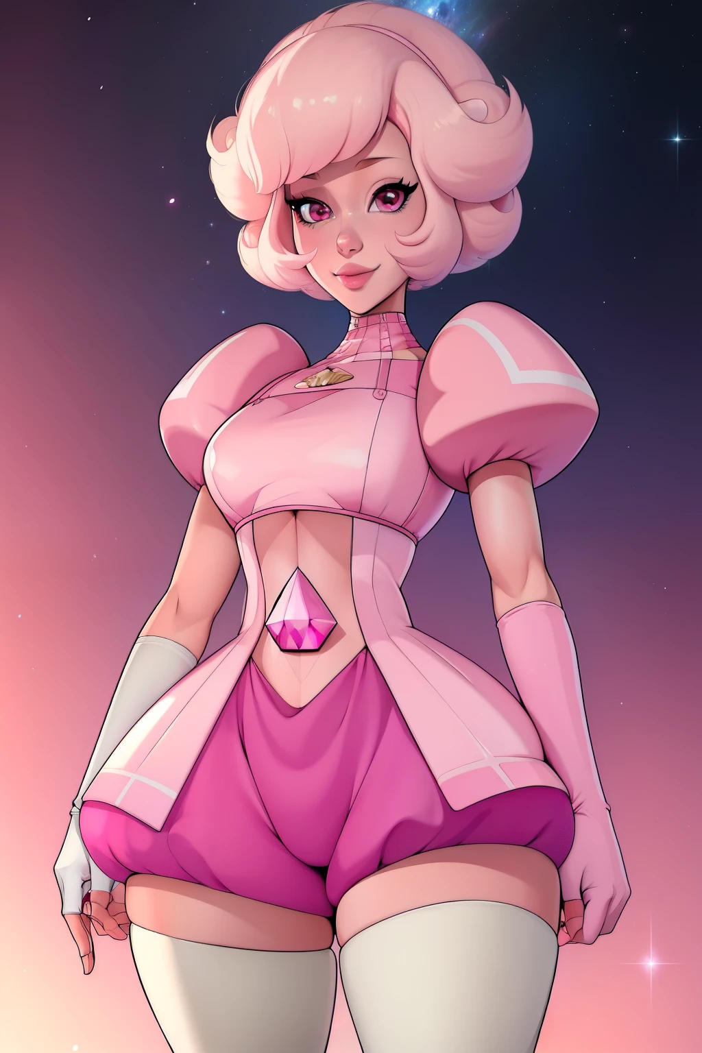 pnkdamond, pink hair, pink eyes, big hair, stomach gem, pink skin, toned,
puffy short sleeves, elbow gloves , white thighhighs, puffy dress,
standing, upper body,
outerspace,
(insanely detailed, beautiful detailed face,beautiful detailed eyes, masterpiece, best quality) cinematic lighting, smile,