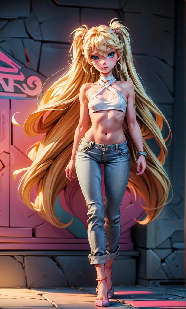  masterpiece, high detail, 1 girl, adolescent, Barbie Sins , beautiful, blonde,  blue eyes ,  long hair, slim, tall, full body,  flat chest , nice legs, top blanco, pantalón corto rojo, sexy,