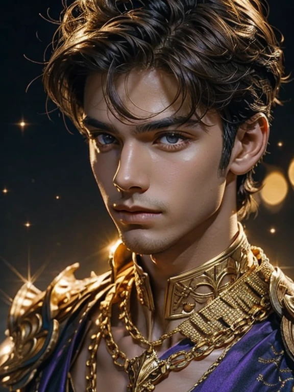 
Portrait of a beautiful boy , close-up of a sparkling gold long necklace on a man's neck ,  until his hand reaches the necklace . fashionable hairstyle.  The surrounding space is filled with glowing tiny gold particles , the royal armor of sparkling bright purple sapphire is decorated with a gold ornament pattern.