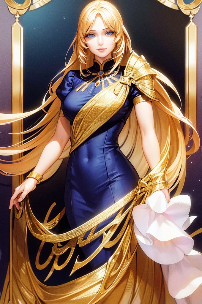 [art, ultra graphic, detailed image, 4k, 32k] image focused on the character's face, character looking at the viewer, a maiden, golden hair and deep blue eyes, full lips and incredibly beautiful face, confident expression on the face, smile 1.3 , confident smile, detailed eyes, a queen