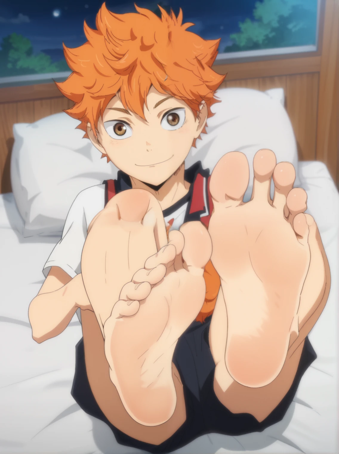 Score_9, score_8_up, source_anime, 1boy, Shoyo Hinata, big eyes, alone, looking at viewer, night, in his bedroom, lying on the bed, back resting on the bed, lifting legs to show his soles, flirty smile, cowboy shot, ANIME SCREENCAP, anime coloring, barefoot, perfect feet, anatomically correct, soles, from above, focal length 35mm, each foot has five toes, front, symmetrical soles, foot focus, orange hair