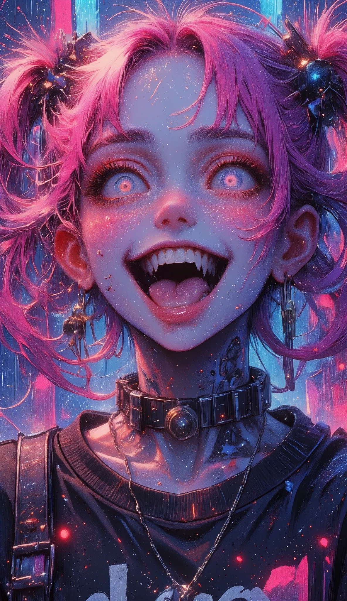  a close up of a person with pink hair and perforations,  half-open mouth perfect teeth sticking out just the tongue ,  cheerful image wears dog collar with spikes and chains ,  black sweatshirt , tattoos, violet and cyan background ,  Cyberpunk art inspired by Ross Tran ,  trend in CGSociety , Gothic art, Ross Tran!!!, Ross Tran style,  in the style of Ross Tran , Ross Tran 8 K, ross drawings 1. 0,  artwork in the style of Guweiz , anime vibes, :: ross drawings