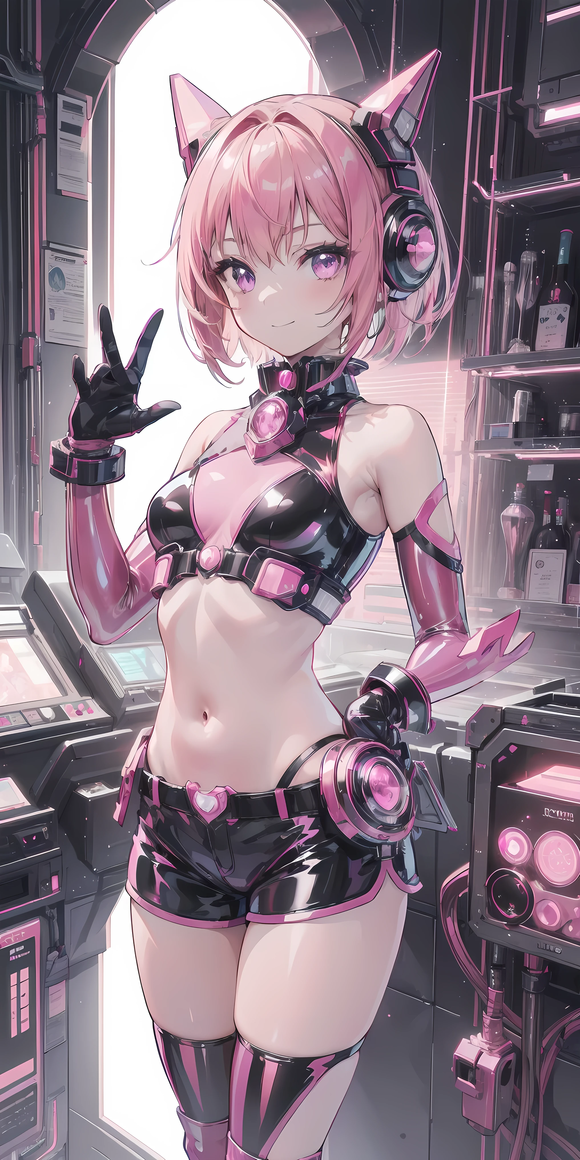 1girl, solo, short hair, pink hair, perfect face, purple eyes, looking at viewer, cute, smile, closed mouth, (pink latex top:1.3), short shorts, (black latex shorts:1.2), castle room in background, inner details, transparent, internal reflections, scifi, gemtech, cowboy shot, masterpiece, high resolution, best quality, (3d art)