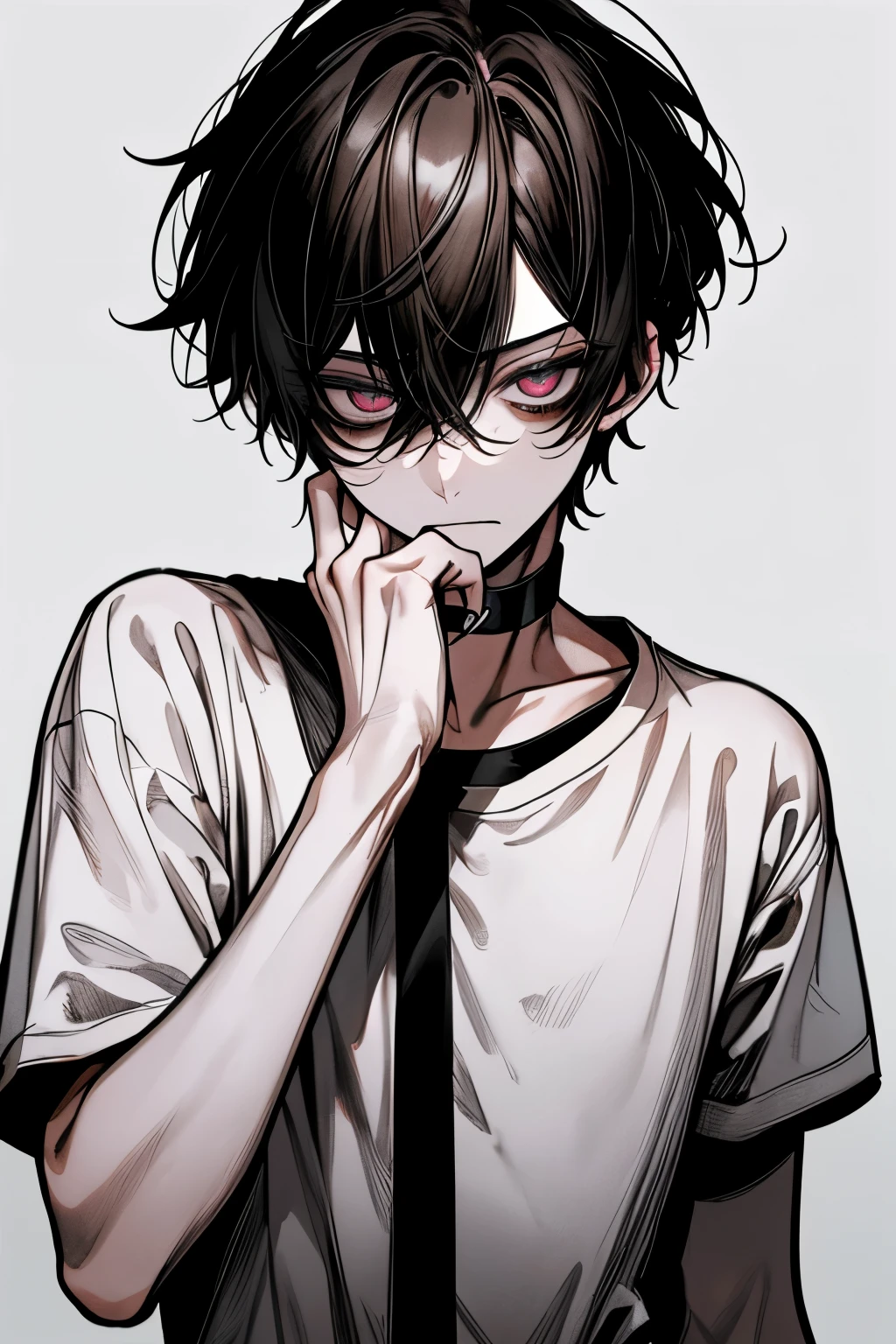  Top quality , masterpiece,  high resolution, 8k, male,  dark hair ,  dark eyes without pupils, White T-shirt,  white background with nothing, expressionless face , Cover your mouth with your hand, ,  black choker inside the lab