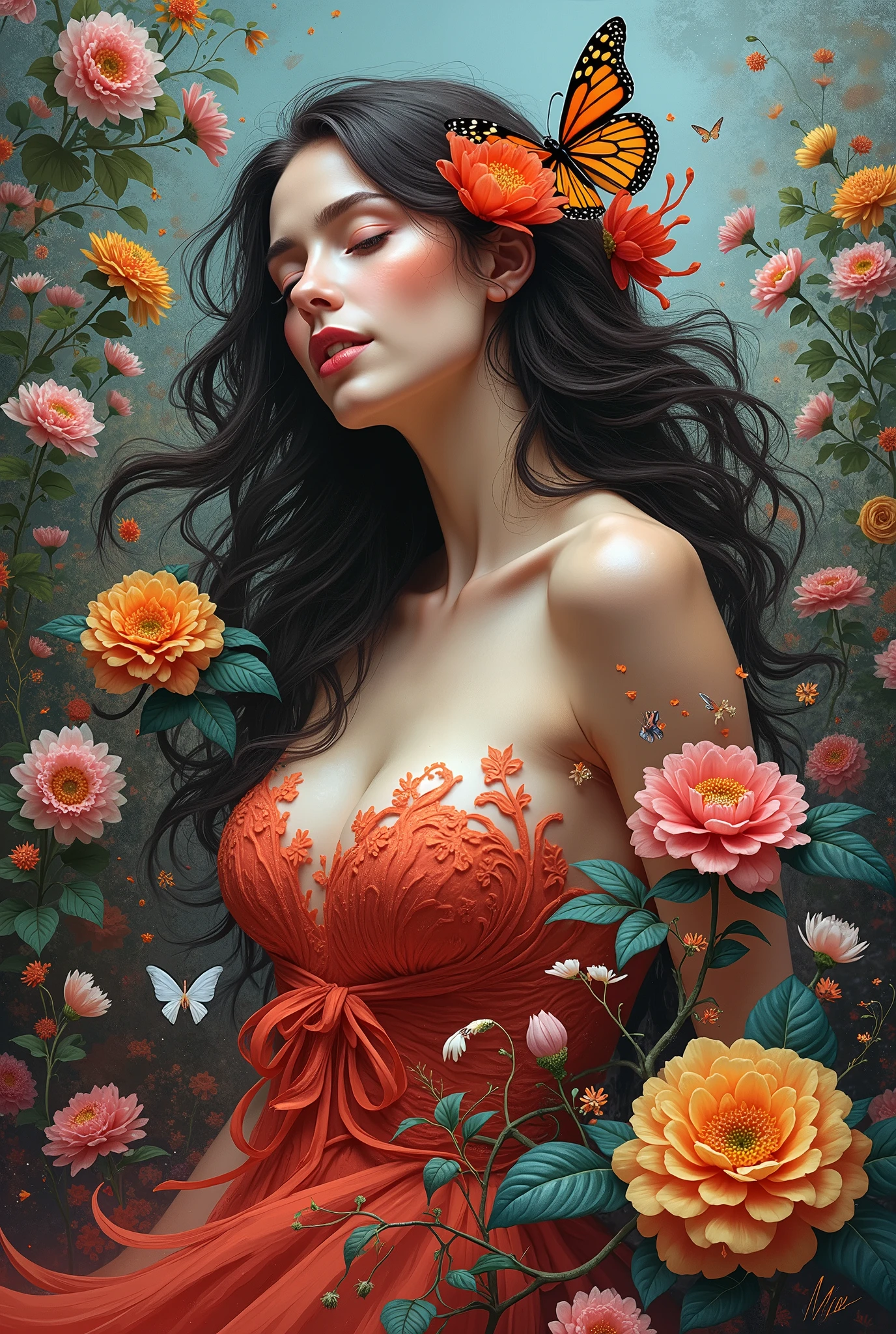 portrait of the most beautiful form of chaos, elegant, a brutalist designed, vivid colours, romanticism, by brian froud, zdzislaw beksinksi, atmospheric, a girl, overflowing drapes, elegant, insects and flowers, cinematic, (dynamic pose), ((dramatic composition)), (limited color palette), extremely lush pubic hair, (full body:1.3), hairy pussy,
(best quality, masterpiece), perfect lighting, subsurface scattering, volumetric lighting, (photorealistic:1.6), intricate, detailed,
