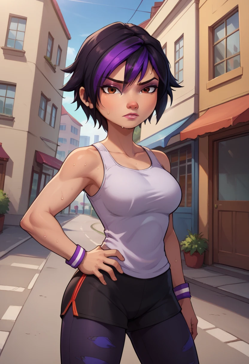 score_9, score_8_up, score_7_up, BREAK,gogotomago, 1girl, solo, short hair, black hair, jewelry, lo purple hair, bracelet, makeup, casual, leggings, capri pants, cowboy shot, brown eyes, looking at the viewer, large breasts,outdoors,city, hands on hips, white tanktop, sweaty