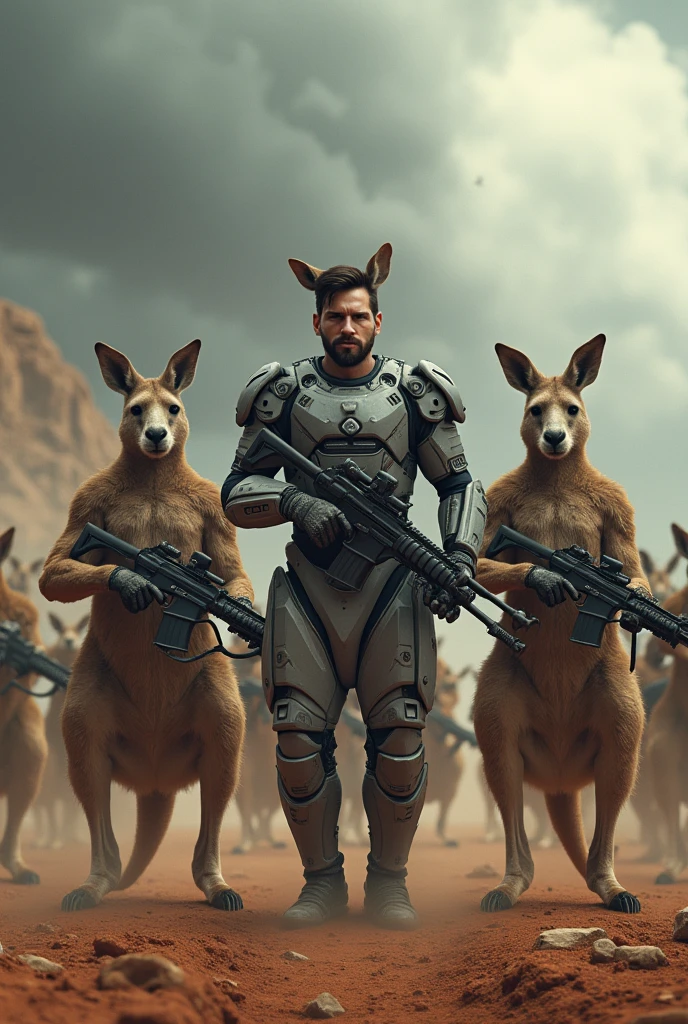 Kangaroo Group , With a weapon of war  ,  in the middle is Leoner Messi,  with her war suit realistic image 
