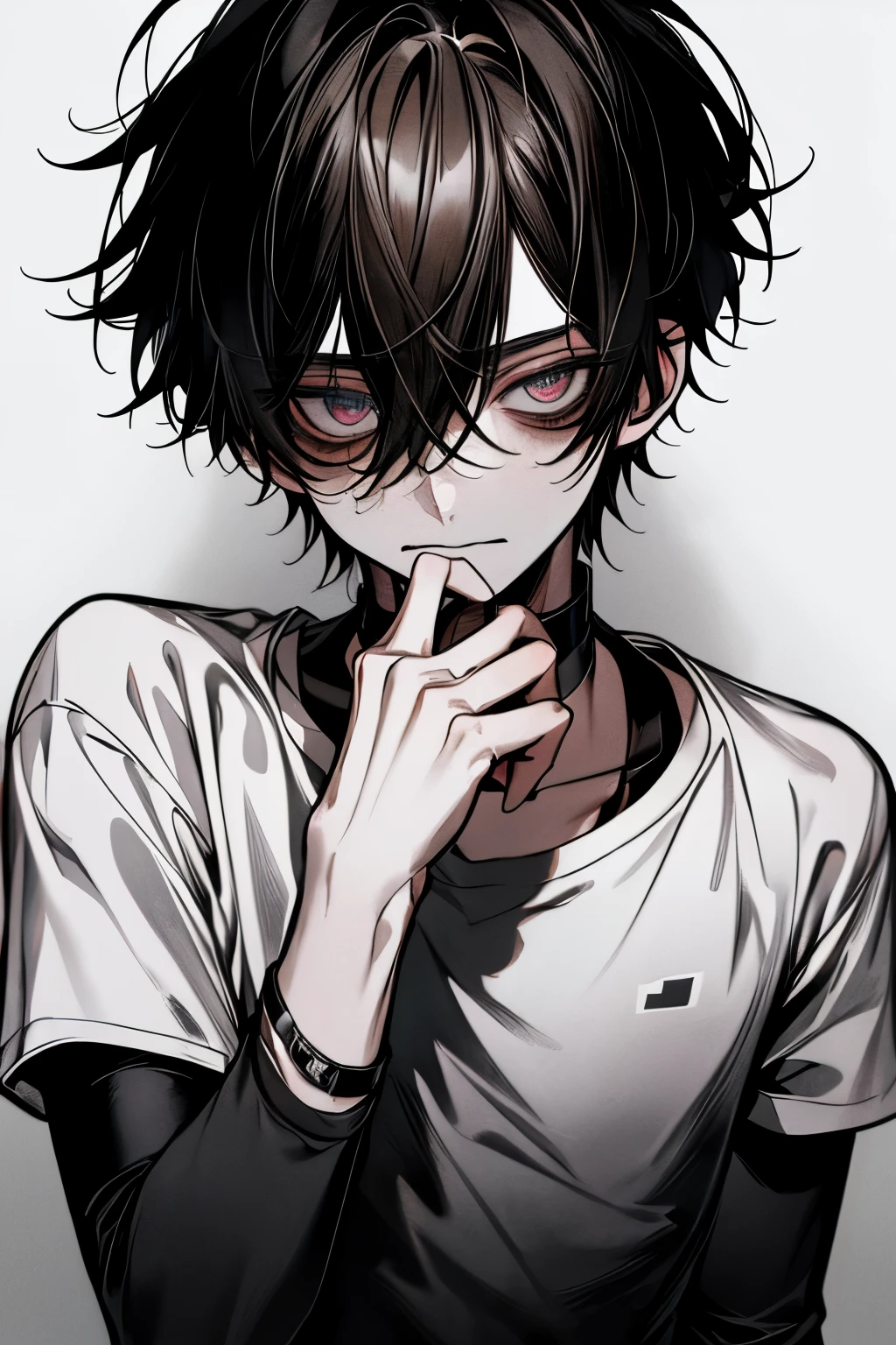  Top quality , masterpiece,  high resolution, 8k, male,  dark hair ,  dark eyes without pupils, White T-shirt,  white background with nothing, expressionless face , Cover your mouth with your hand, ,  black choker inside the lab