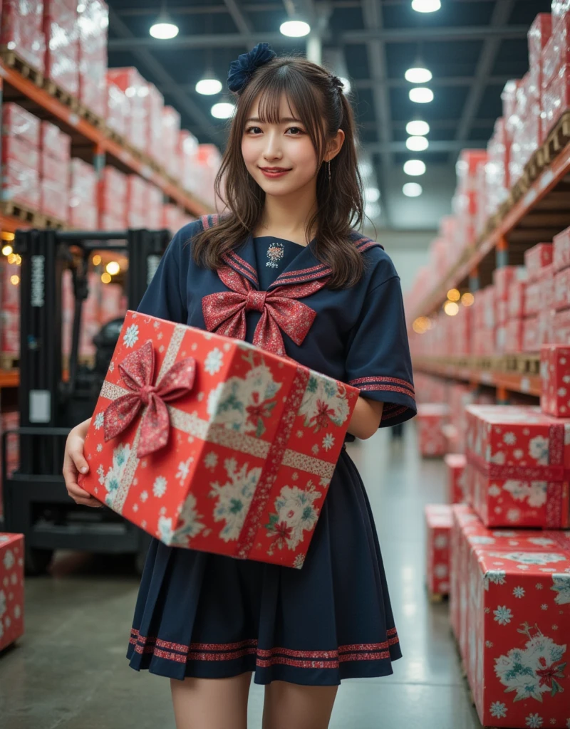 documentary photo, ultra-realistic, photorealistic, dramatic scene, shadow, global-illumination, she is Japanese high  girl, she is showing her cheerful smile, detailed face skin texture, wearing a sailor uniform, she is holding a large box of a gorgeous festive decorated Christmas gift, She is standing side of a forklift full of colorful decorated Christmas gift boxes at the factory warehouse, the factory is decorated with festive Christmas illuminations, In a vast warehouse the festive decorated large boxes of Christmas gifts are neatly organized and stacked from floor to near ceiling, shoot from side, smile