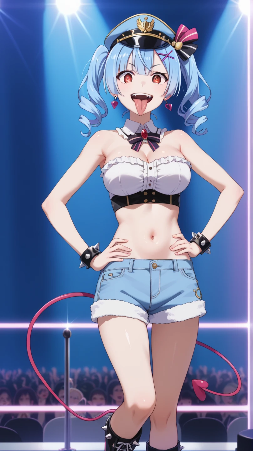 1 girl, solo, Ito, blonde hair, glasses, aqua polka dot bra, orange polka dot panties, purple eyes, short hair, ribbon stocking, sneakers, little breasts, shy, by gamer chair, dark gamer room, smiling, standing, hands on hips, full body view, slim body,