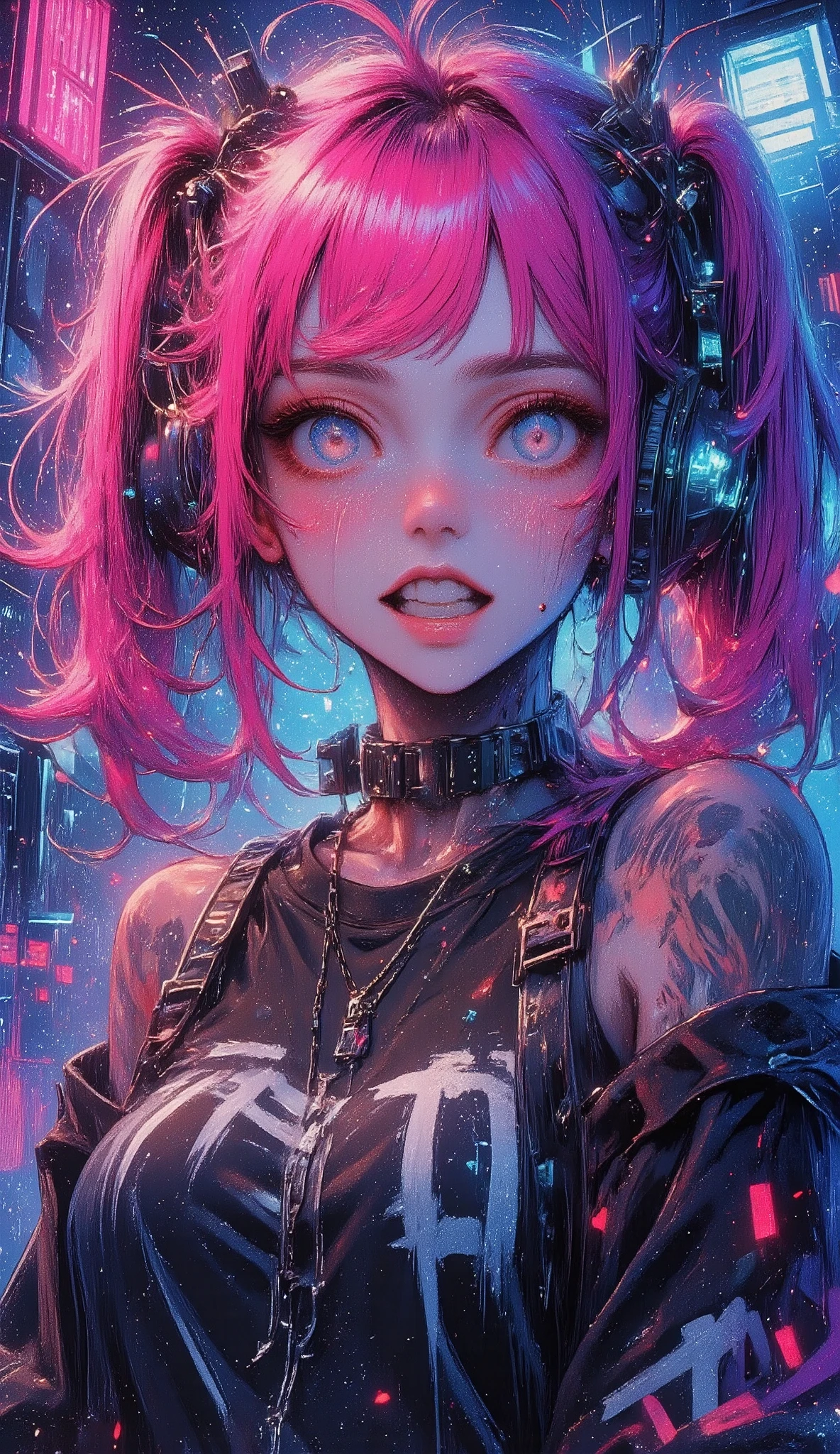  a close up of a person with pink hair and perforations,  squinting eyes  , bangs above the eyebrows,  half-open mouth perfect teeth sticking out just the tongue ,  cheerful image wears dog collar with spikes and chains ,  black sweatshirt , tattoos, violet and cyan background ,  Cyberpunk art inspired by Ross Tran ,  trend in CGSociety , Gothic art, Ross Tran!!!, Ross Tran style,  in the style of Ross Tran , Ross Tran 8 K, ross drawings 1. 0,  artwork in the style of Guweiz , anime vibes, :: ross drawings