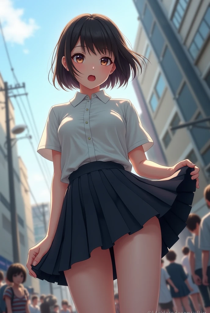 One woman, blush,  Sweat, smile, open mouth, visible nipples, front, Short Hair, Black Hair, feel flat chest pubic hair 8k, Very detailed, 16K, (naked), City Walk Black eyes Pink polo shirt Short sleeves Black skirt Skirt lifted Lifting skirt with both hands No panties Pussy Looking at me from below