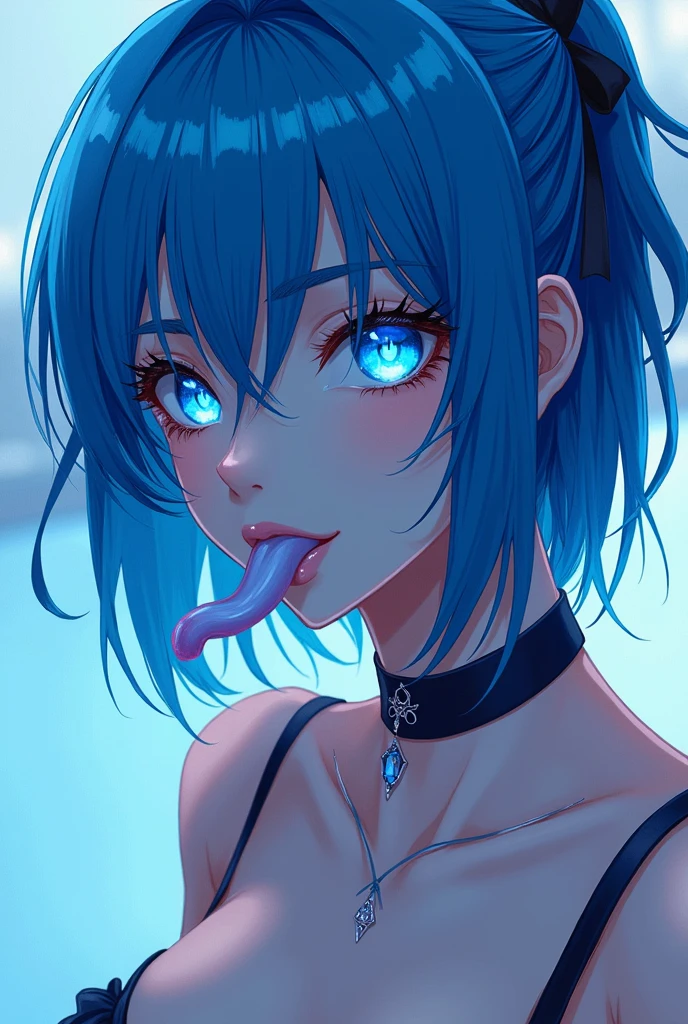 masterpiece, best quality, cheek bulge, penis, 1boy, 1girl, irrumatio, :>=, cum in mouth, saliva, adult, mature:1.3, sweat, blush, ahegao, hair behind ear, makeup, dark blue hair, (blue hair), blue and black gradient hairmessy hair, wavy hair, cat ears, long hair, blue eyes, black swimsuit, black bathing suit, one piece suit, pool, water,