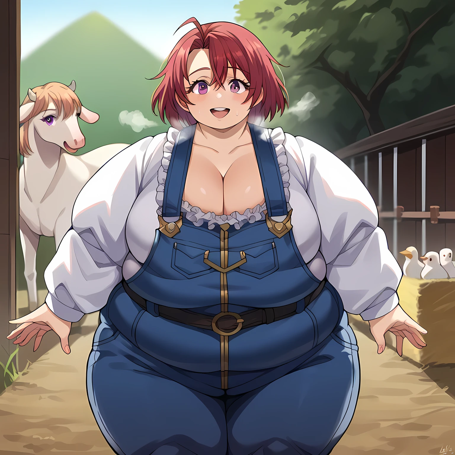 score_9, score_8_up, score_7_up, source_anime,
cowgirl, cow girl, ahoge, red hair, purple eyes, short hair, smile,
cleavage, collarbone, frills, long sleeves, overalls, suspenders,
outdoors, farm, cows, chickens, goats, horse,
looking at viewer, cowboy shot, dynamic pose, fat, chubby, obese, gigantic arms and legs, large breasts open mouth, out of breath