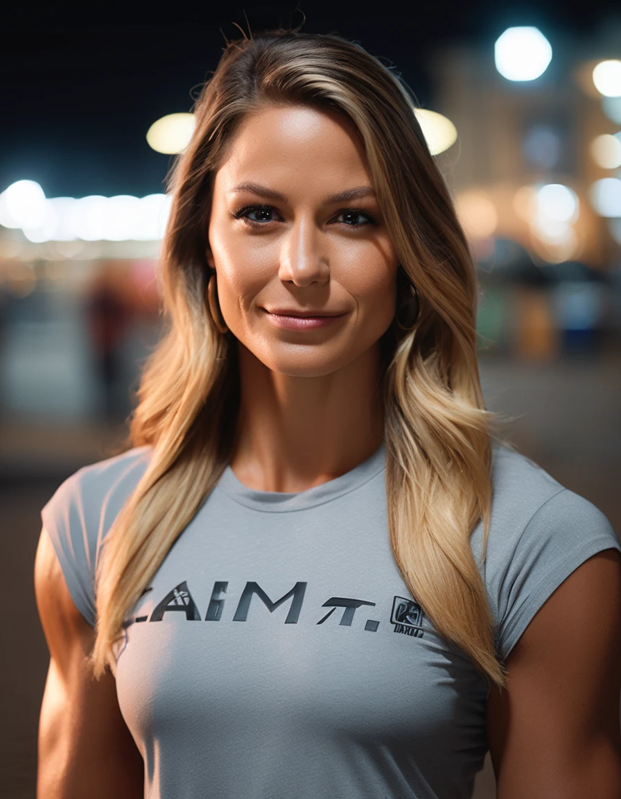 cinematic photo close-up portrait photography of a beautiful (((mlssbnstkara bodybuilder woman))) at tourist information center , during Night , Nikon Z9  . 35mm photograph, film, bokeh, professional, 4k, highly detailed