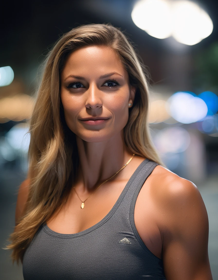 cinematic photo close-up portrait photography of a beautiful (((mlssbnstkara bodybuilder woman))) at tourist information center , during Night , Nikon Z9  . 35mm photograph, film, bokeh, professional, 4k, highly detailed