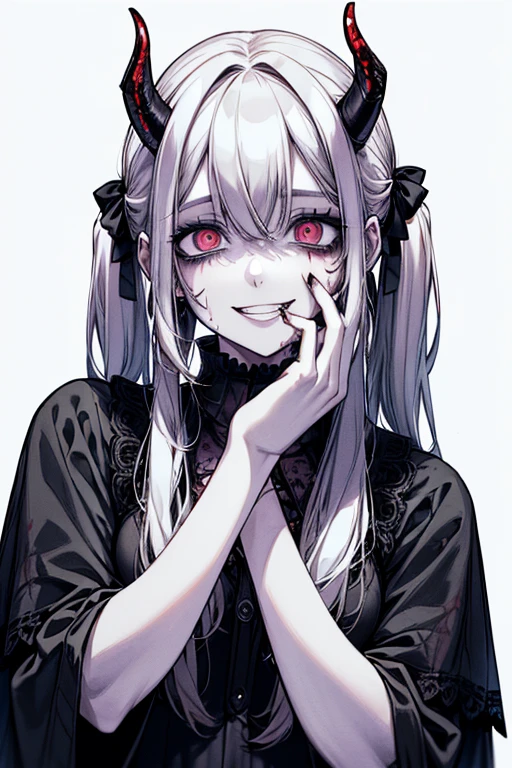 (Masterpiece: 1. 2, top quality), (real photo, intricate details), (1 woman, upper body, demon woman, demon horns scary atmosphere, distorted expression, blood splatter, facial cuts, facial burns, full body, punk fashion, long hair, long bangs, twintails, black hairstyle ((dark circles under eyes)), pale skin, unwell, sickly, evil smile, crazy eyes, (smile) dramatic makeup, mixed media art, white background