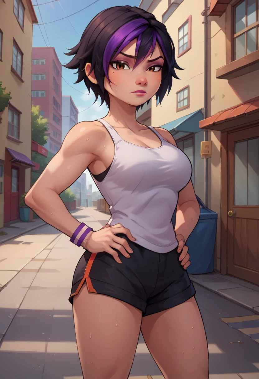 score_9, score_8_up, score_7_up, BREAK,gogotomago, 1girl, solo, short hair, black hair, jewelry, lo purple hair, bracelet, makeup, casual, cowboy shot, brown eyes, looking at the viewer, large breasts,outdoors,city, hands on hips, white tanktop, sweaty, black shorts