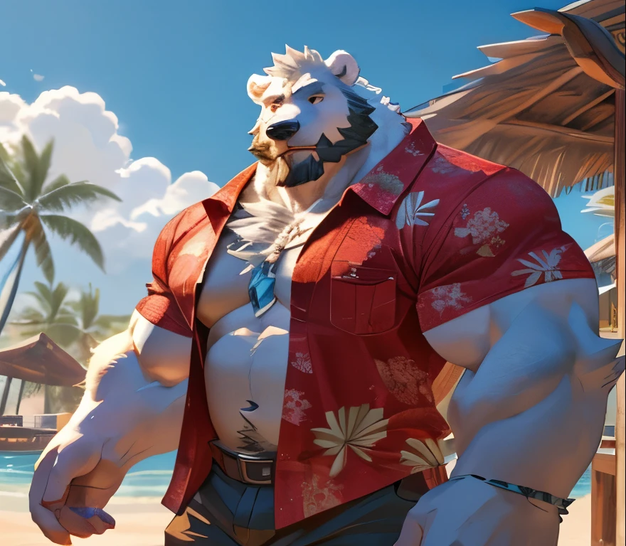 1 boy, 1 man, Alone, a portrait (Furry Polar Bear ), (face, detailed face, bearded, black beard, thick), beach, extremely huge and muscular , massive muscular , Six pack , ( Hawaiian shirts , cargo shorts), very muscular old . (( extremely muscular size , super thick arms , Huge chest, hyper detailed , bigger chest, extremely wide chest , huge arms)), smiling broadly . Add textures and details to make the image more realistic, What . Make sure the resulting image has a high resolution, 8K quality