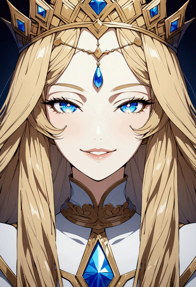 [art, ultra graphic, detailed image, 4k, 32k] image focused on the character's face, character looking at the viewer, a maiden, golden hair and deep blue eyes, full lips and incredibly beautiful face, confident expression on the face, smile 1.3 , confident smile, detailed eyes, a queen