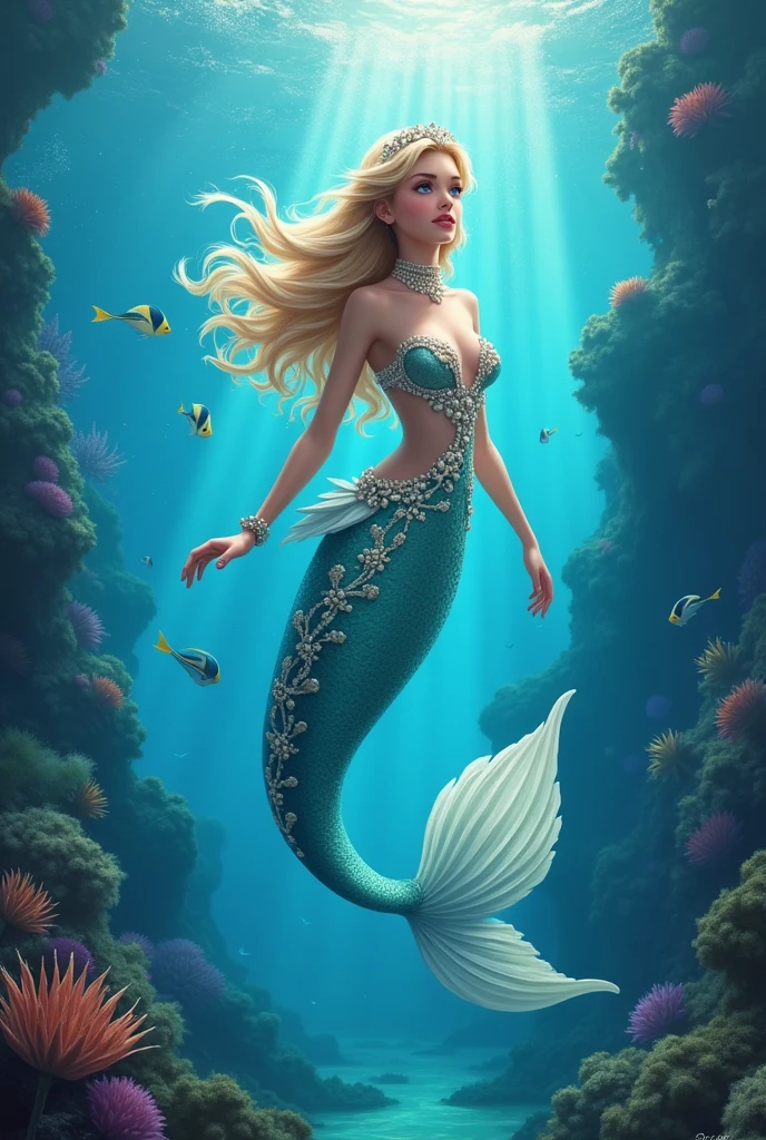 (professional photo:1.3) Fujifilm X-T3, 35mm lens ((Mermaid swims all over)) (Realistic:1.3) most beautiful artwork photo in the world,(((Blond hair))), (( Brown eyes)), brunette, Caucasians, ((long mermaid tail)), (((Detailed mermaid fins))), full body, sport, Features: Soft and shiny, ((Epic mermaid fantasy very long hair in dynamic pose, flying hair, Full tail, Fantastic location, Majestic cluttered environment)), full body, topless, 8k unity render, action shot, skin pore, heavyshading, Detailed, Detailed face, (vibrant, photograph realistic, Realistic, Dramatic, Dark, Sharp focus, 8K), (fish scales:1.4), ((((Mermaid tail)))), (Intricate:1.4), decadent, (Highly detailed:1.4), Digital painting, rendering by octane, art stations, concept-art, smooth, Sharp focus, illustration, Art germ, (loish:0.23), (Global illumination, Studio light, volumettic light), Underwater, Ocean, lotr, fantasy, mermaid, ((Sea background:1.3)),CGSesociety,art stations, surrounded by colorful robot fishes, swiming fish robots, light rays from the surface