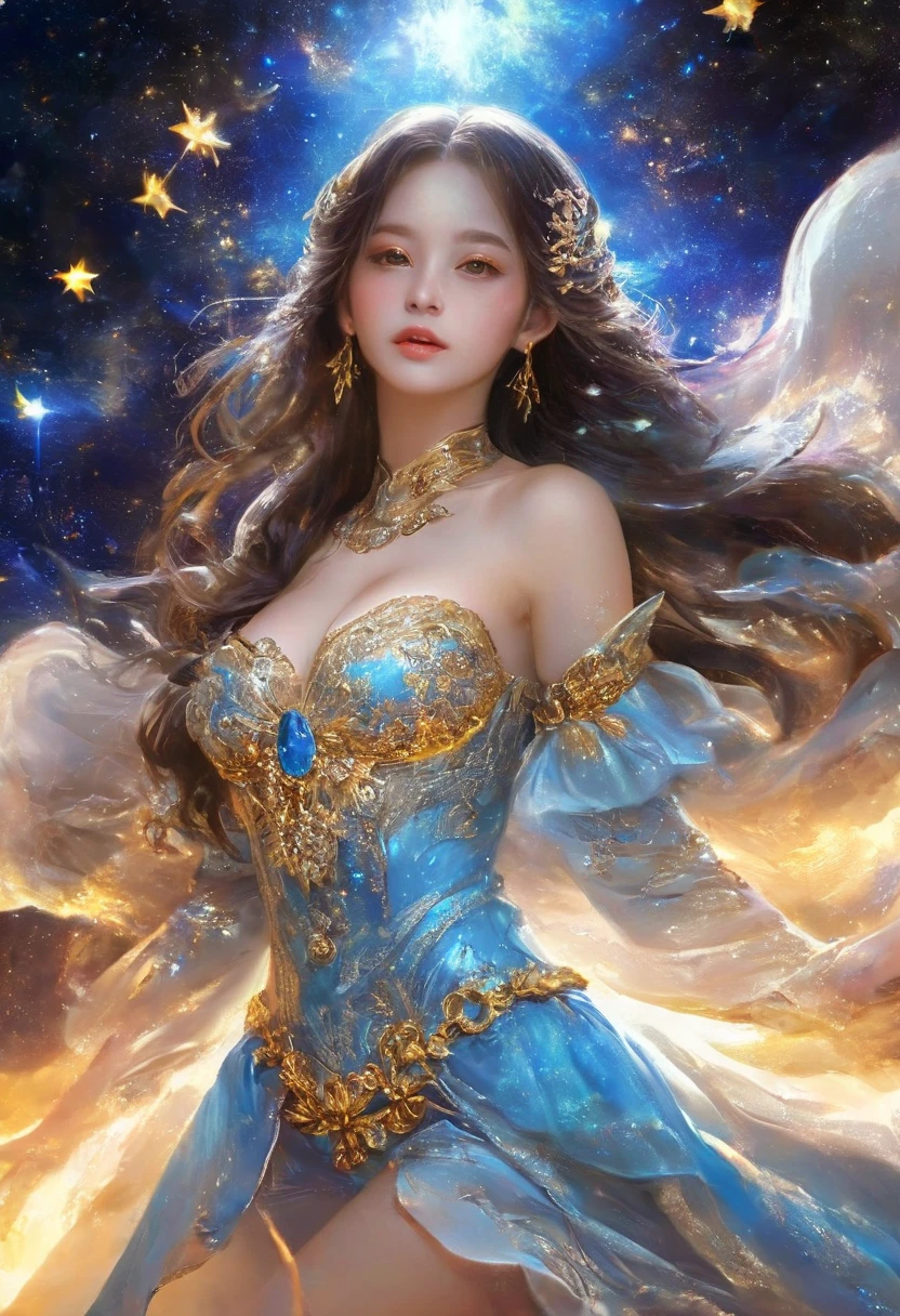 full-body image of a charming Japanese 22-year-old goddess floating in the starry sky , long brown straight hair , Close-up shot of bangs pulled apart ,Big Breasts ,Tight dress made of light blue transparent material with large open chest and gold decoration, Full body image of a 22-year-old female warrior who has fallen into darkness with a bewitching smile , sexy pose, a masterpiece, Details,Realistic, wearing a star aura all around her , big eyes, red contact lenses,Oval outline,Obscene lines,Thin lips, tongue,realistic lighting,