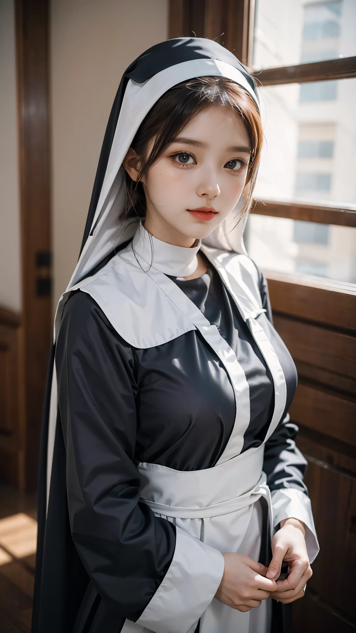 Highest quality,masterpiece,Ultra-high resolution,(Actual:1.4),Original photo,Ultra-high resolution,8k,1 woman,Fair skin、A nun's outfit in black、sister's outfit、Lift up the hem of your skirt、Show your underwear。Hair is bunched up。High heel boots,High waist、Long legs:1.5,Bright and beautiful,Flashy makeup using red eyeshadow,Old church。 full body picture,