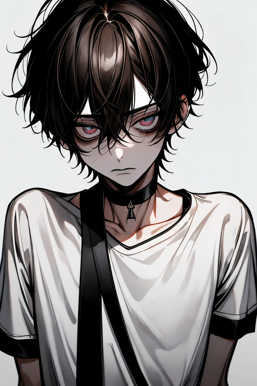  Top quality , masterpiece,  high resolution, 8k, male,  dark hair ,  dark eyes without pupils, White T-shirt,  white background with nothing, expressionless face , Right look ,  black choker inside the lab