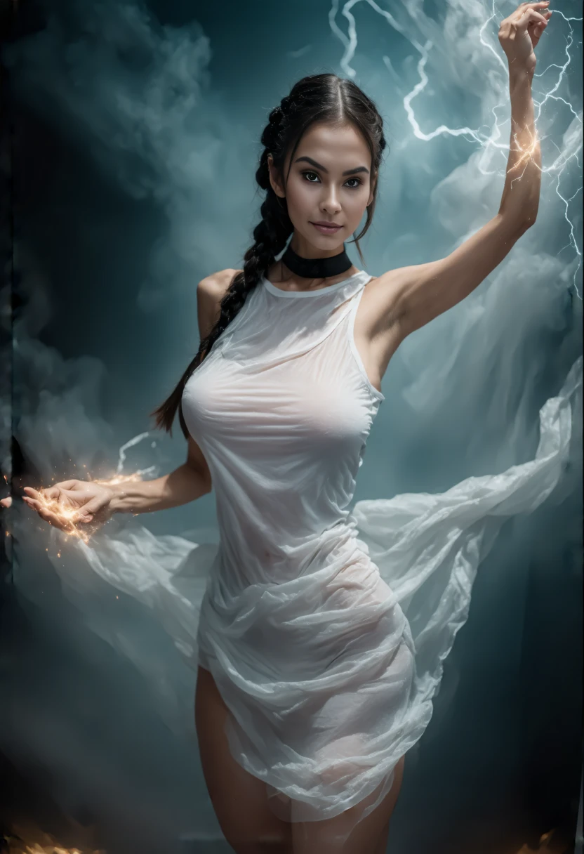 A very beautiful heroine ,  has black skin and long white hair .  She is flying and shooting electric rays through her hands .  In the sky there is a storm with lots of lightning and strong winds. Flowing white clothes.  Cinematic.  high quality . realistic.