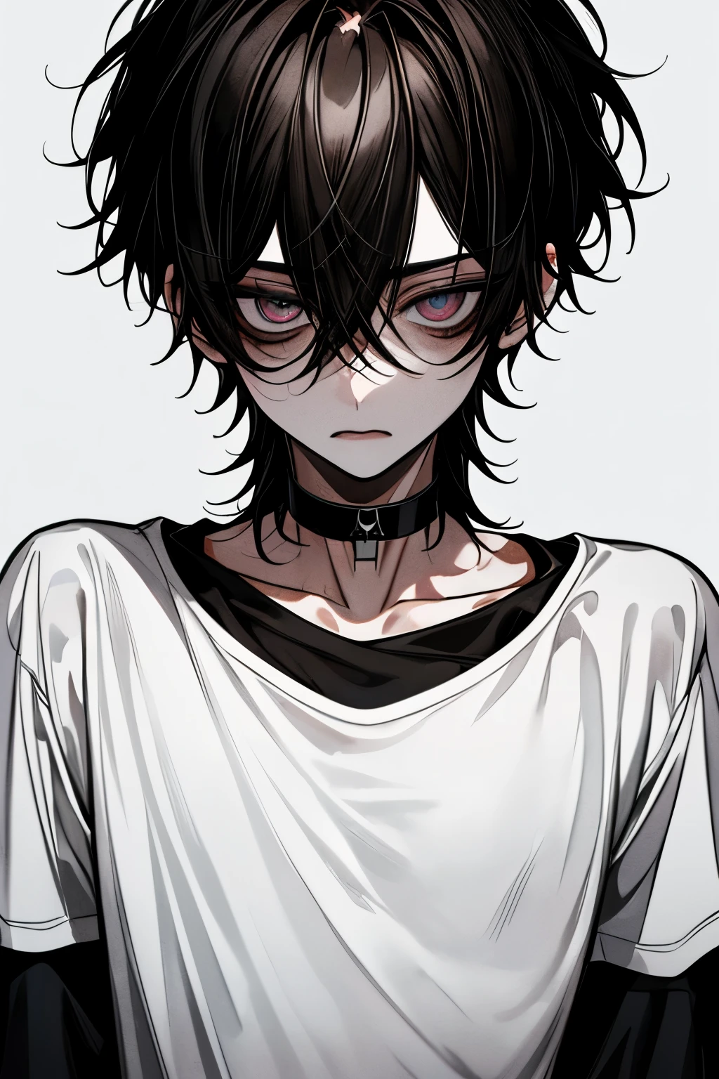 Top quality , masterpiece, high resolution, 8k, male, dark hair , dark eyes without pupils, White T-shirt, white background with nothing, expressionless face , Right look , black choker inside the lab