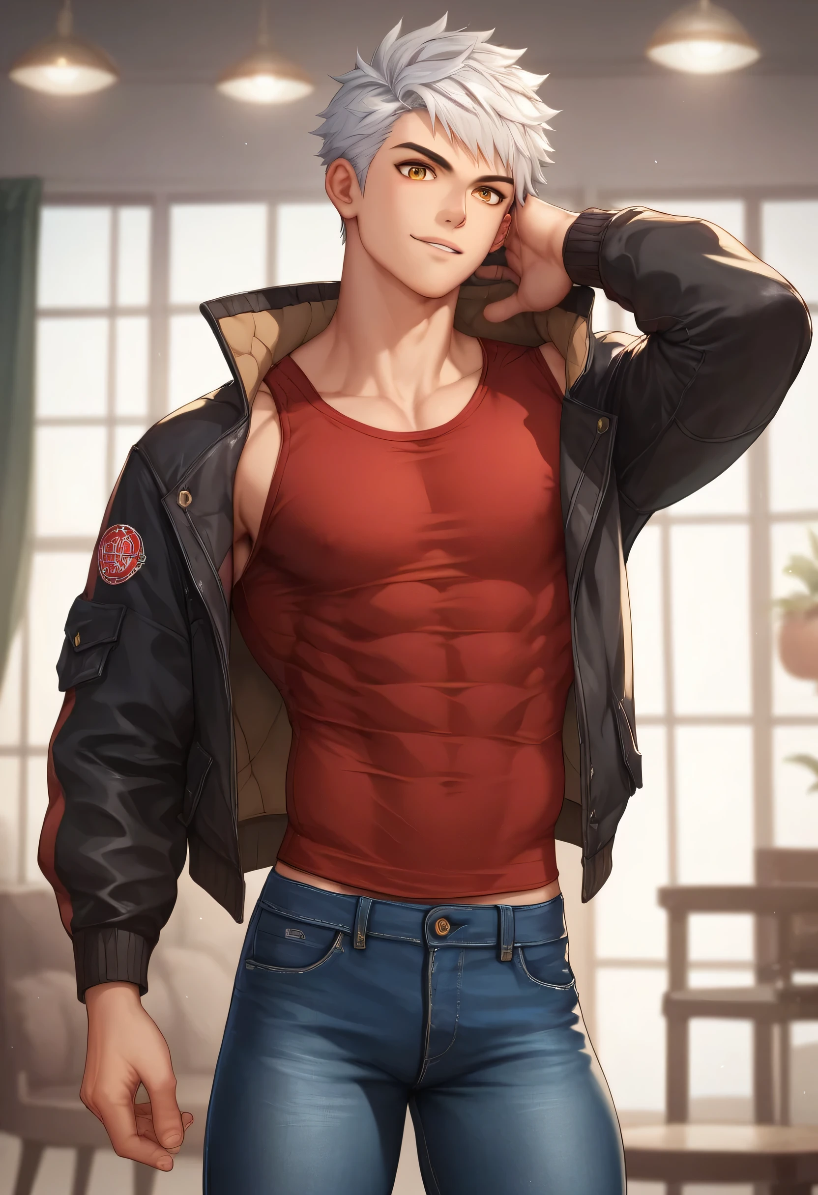 score_9, score_8_up, score_7_up, score_6_up, 1boy, solo, straight hair, short hair, silver-white hair, amber eyes, muscular, gigachad, toned. young man Handsome male teen (Teen) red shirt, jacket, jeans he wears a Fashionable clothing. Video game room (Having fun), standing, looking at viewer, standing, looking at viewer, air of a rebellious and immature teenager. 