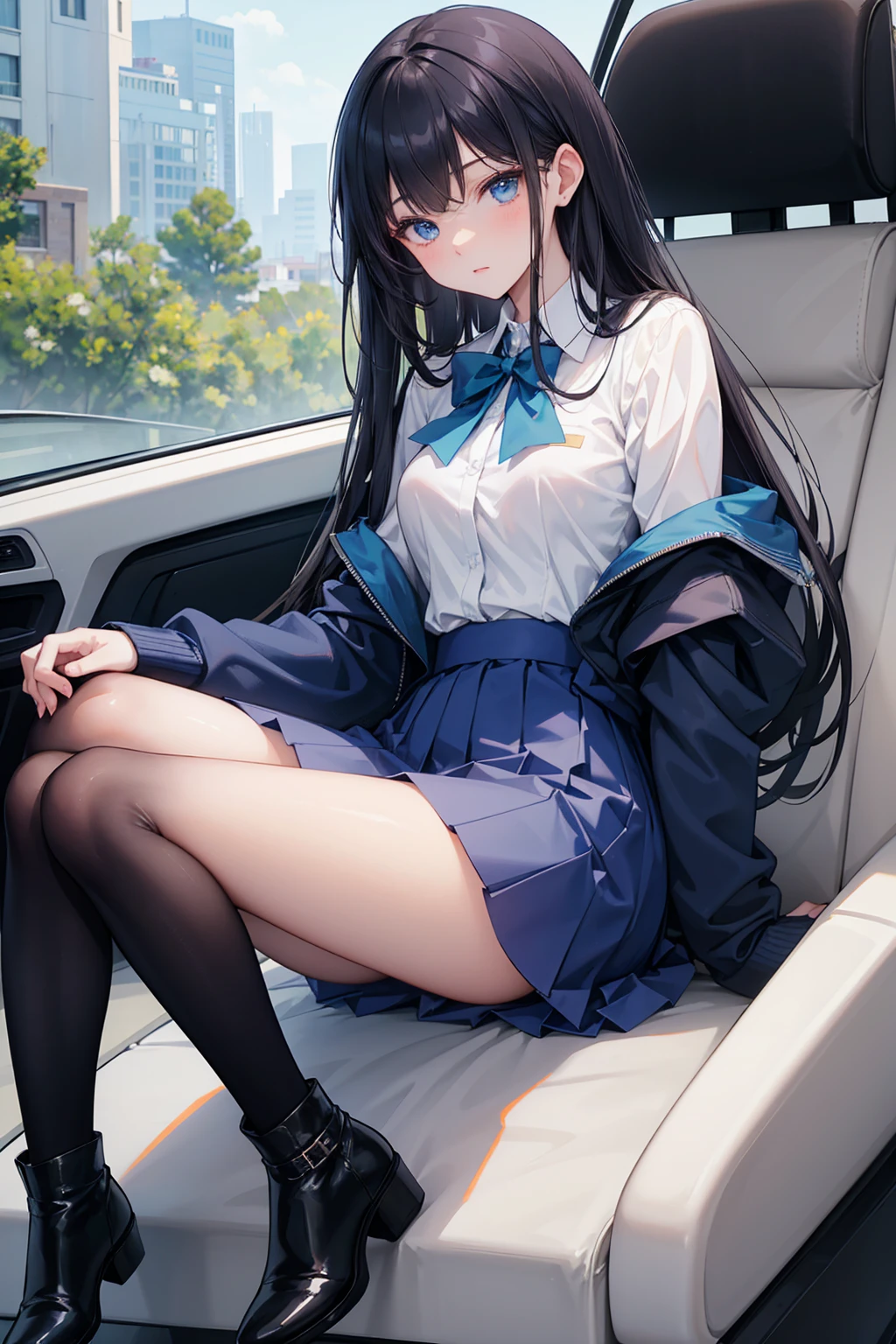 high school student ， Has long, dark hair ， with warm blue eyes ， Wore a fresh blue suit and black boots ， pure white collar and bright green bow 。 has long dark hair and warm blue eyes ， sitting in a car seat ， spread legs