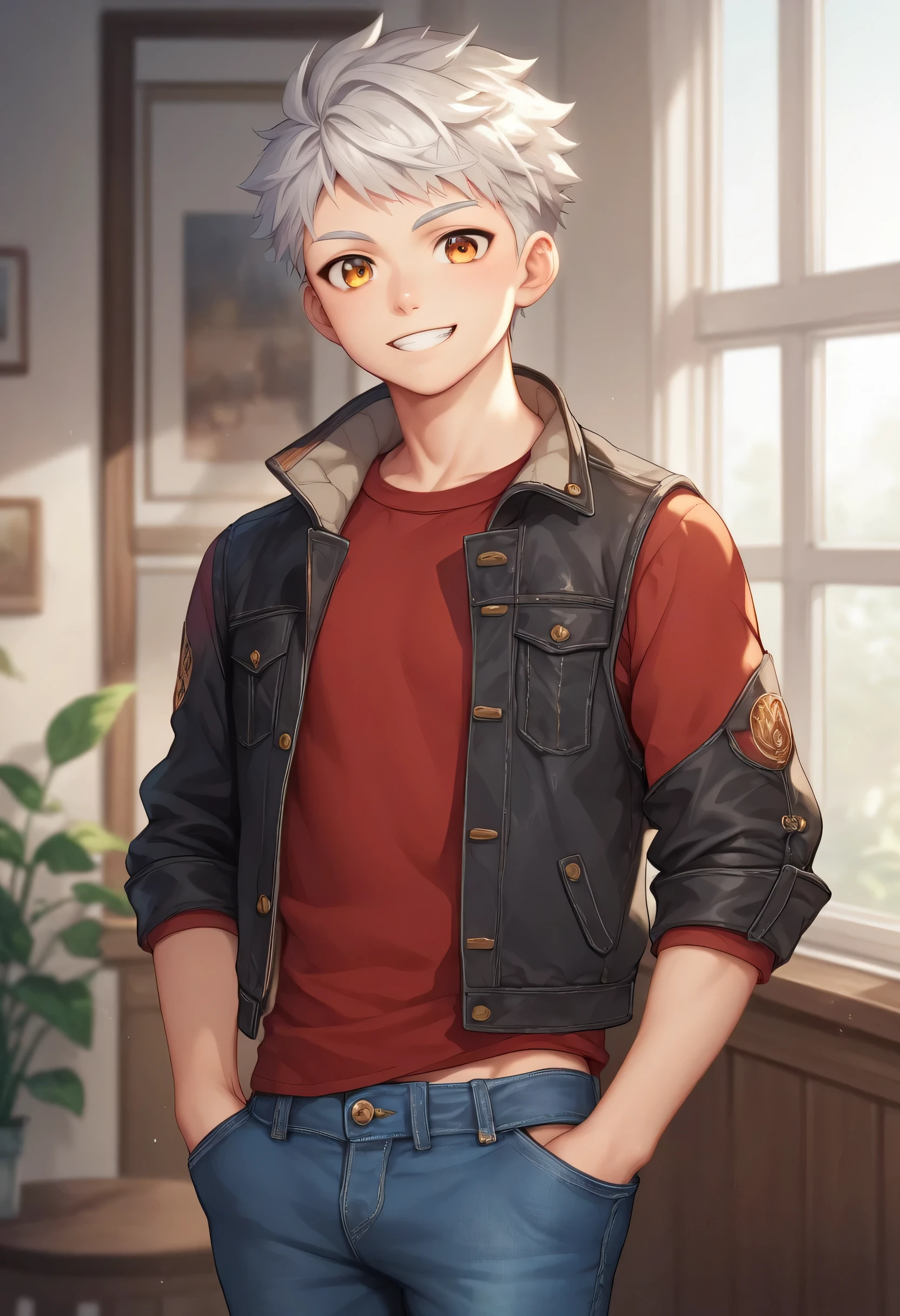 young man score_9, score_8_up, score_7_up, score_6_up, 1boy, solo, straight hair, short hair, silver-white hair, amber eyes, muscular, gigachad, toned. young man Handsome male teen () red shirt, jacket, jeans he wears a Fashionable clothing. Video game room (Having fun), standing, looking at viewer, smile, standing, looking at viewer, air of a rebellious and immature teenager. young man